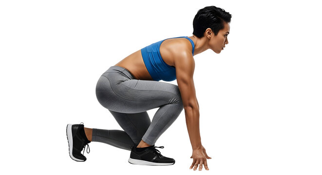 Athletic woman in starting position ready to run isolated on black background, perfect for sports and fitness projects