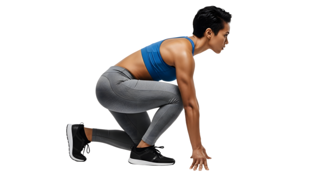 Athletic woman in starting position ready to run isolated on black background, perfect for sports and fitness projects - Powered by Adobe