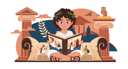 A young boy, adorned with a laurel wreath, reads a book depicting ancient Greek scenes, surrounded by classical architecture.