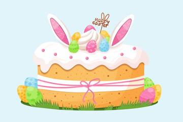 Easter cupcake with cream frosting, bunny ears and eggs, “Happy Easter” topper. standing on green grass. Easter celebrations, bakery promotions and holiday invitations.