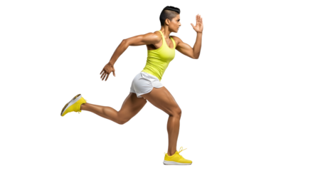 Athletic young woman sprinting in bright sportswear isolated on black background, fitness and running concept perfect for sports and health promotion
