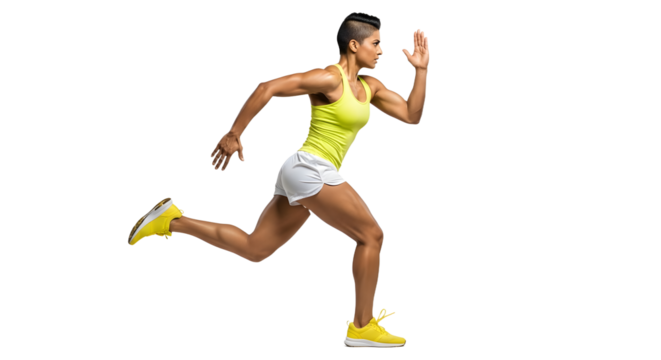 Athletic young woman sprinting in bright sportswear isolated on black background, fitness and running concept perfect for sports and health promotion