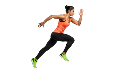 Woman sprinting in athletic wear isolated on black background, running exercise, sports training, fitness and health concept