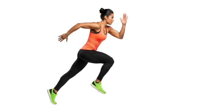 Woman sprinting in athletic wear isolated on black background, running exercise, sports training, fitness and health concept