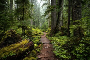 Fototapeta premium Misty Pacific Northwest forest trail winding beneath towering evergreen trees