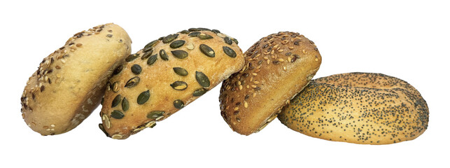 Assortment of fresh bakery bread rolls with seeds. Healthy whole grain buns for breakfast. Multigrain pastry with poppy and pumpkin seeds. Isolated food object for design