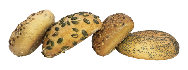 Assortment of fresh bakery bread rolls with seeds. Healthy whole grain buns for breakfast. Multigrain pastry with poppy and pumpkin seeds. Isolated food object for design