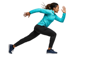 Young athletic woman sprinting in sportswear isolated on white background, fitness and running concept