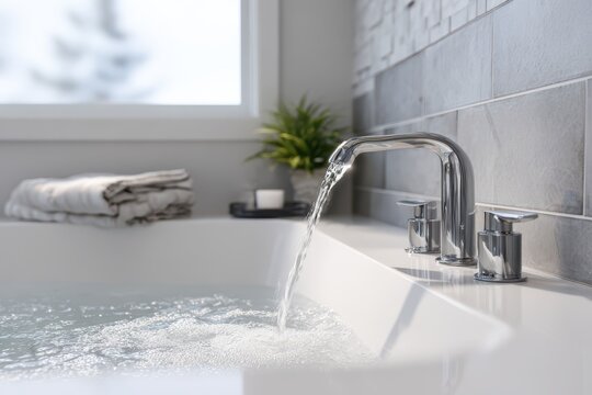 Modern bathroom with white bathtub and flowing water from a stainless steel faucet