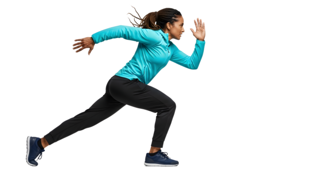 Young athletic woman sprinting in sportswear isolated on white background, fitness and running concept