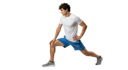 Young man performing a side lunge stretch in athletic clothing on black background, fitness and warm-up exercise, perfect for sports and workout content