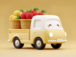 3d cute truck carrying colorful apples in wicker basket on beige background