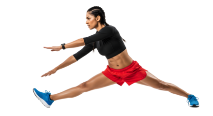 Athletic young woman in black sportswear and red shorts performing a high jump stretch exercise, perfect for fitness and workout concepts