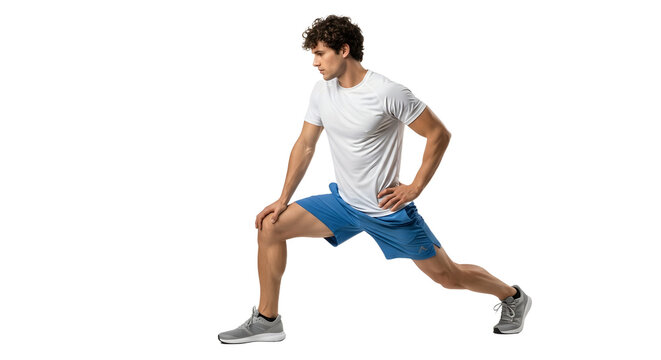 Young man performing a side lunge stretch in athletic clothing on black background, fitness and warm-up exercise, perfect for sports and workout content - Powered by Adobe
