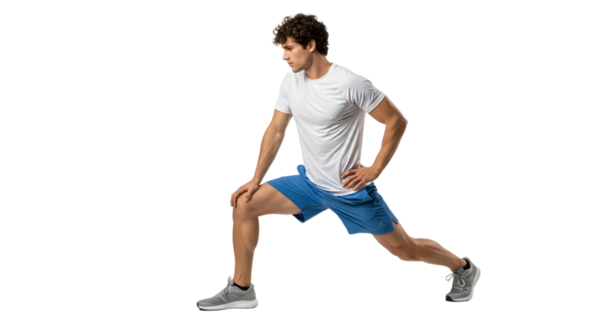 Young man performing a side lunge stretch in athletic clothing on black background, fitness and warm-up exercise, perfect for sports and workout content