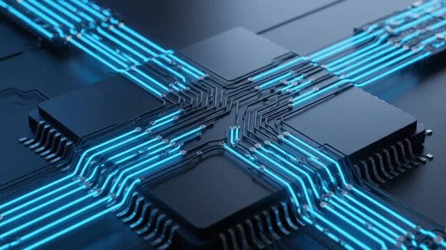 Futuristic Microchip with Glowing Blue Data Streams.