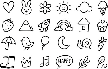 Collection of hand drawn doodle icons featuring a heart bunny flower sun cloud ice cream cone strawberry mountain rocket rainbow house cupcake umbrella bird balloon moon snail carrot boots crown music