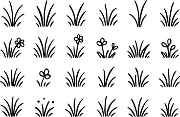 Collection of hand drawn grass tufts and small wildflowers in a silhouette style isolated on transparent background