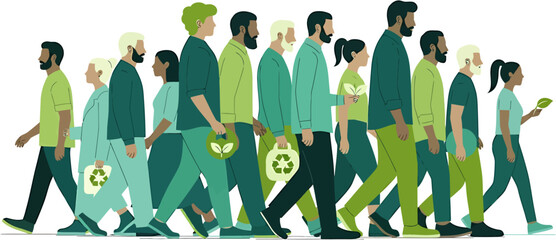 Diverse group of men and women walking together in profile, symbolizing a unified movement towards an eco-friendly and sustainable society