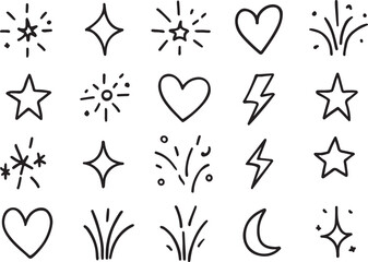 Collection of hand drawn doodle icons featuring stars hearts lightning bolts fireworks and crescent moon isolated on transparent background silhouette