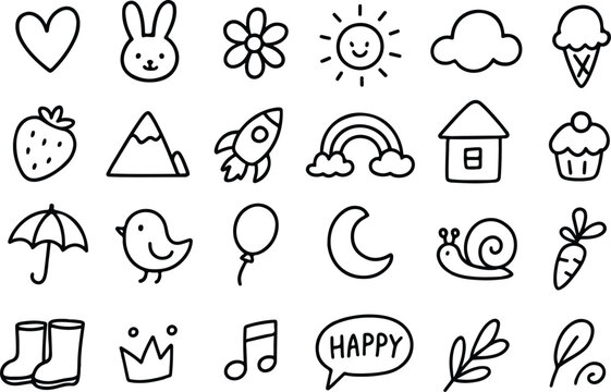 Collection of hand drawn doodle icons featuring a heart bunny flower sun cloud ice cream cone strawberry mountain rocket rainbow house cupcake umbrella bird balloon moon snail carrot boots crown music