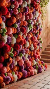 Flowers wall background with amazing red,orange,pink,purple,green and white chrysanthemum flowers ,Wedding decoration, hand made Beautiful flower wall background