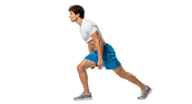Young athletic man stretching legs before workout wearing sportswear, isolated on black background, perfect for fitness and exercise themes