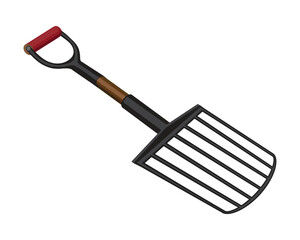 vector design of a tool called a potato scoop which is similar to a combination of a shovel and a fork which is usually used in gardens to harvest potatoes by digging up the soil.