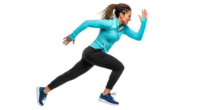 Young woman sprinting in athletic wear isolated on white background, fitness and running concept perfect for sports and exercise promotions - Powered by Adobe