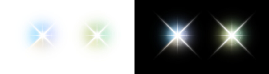Set of X-shaped star lens flares. Glowing cross light effect. Shiny colorful starburst for transparent PNG overlay. Star filter effect