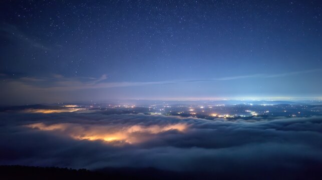 Moonlit night above the clouds: serene aerial view with starry sky and distant lights