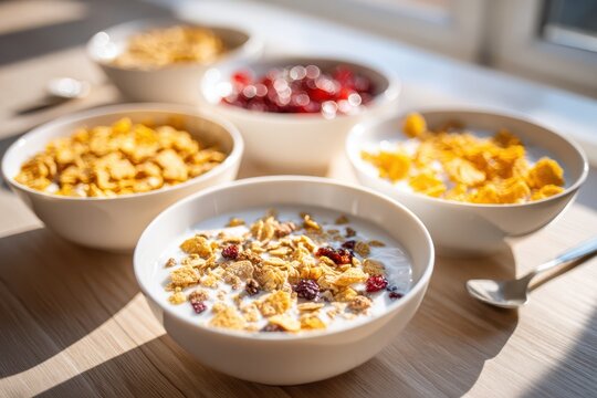 Morning cereal variety with milk in porcelain bowls on a light wooden table