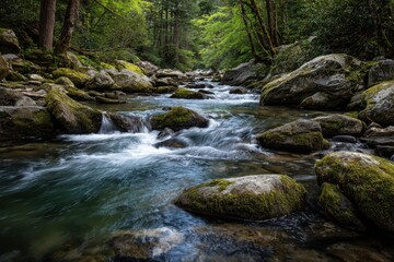 Fototapeta premium Mountain stream cascading over weathered stones under dappled sunlight