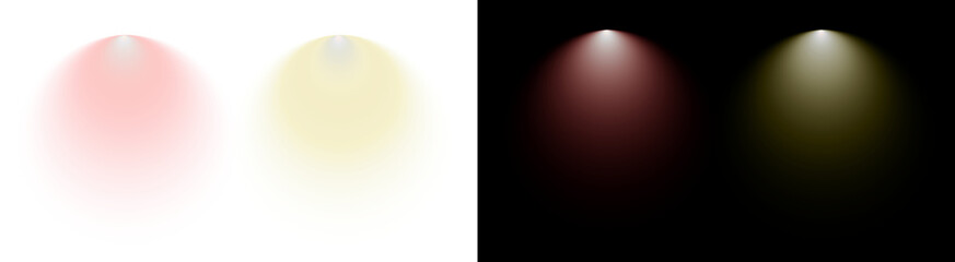 Set of red and yellow spotlight effects. Soft cone light beam for stage or product display. Gradient color light source PNG element.
