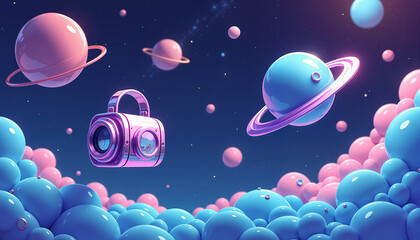 Cartoon planets and camera floating over blue orbs, digital art