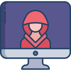 Digital Icon of a Person in a Red Hooded Sweatshirt Displayed on a Computer Monitor Screen with a Purple Background and Blue Outline on a White Background