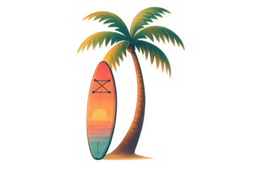 Paddleboard with a colorful sunset ocean scene leaning on a palm tree, showcasing summer and tropical travel on a transparent background