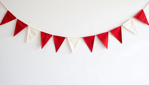 Red and white fabric bunting hanging on a plain background