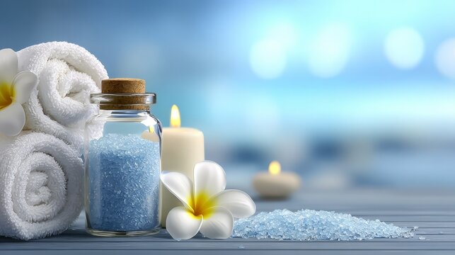 Relaxing spa essentials natural salt bottle soft towel and calming candle for wellness and serenity.