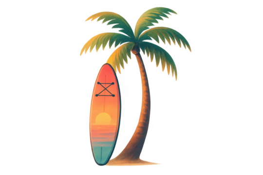 Paddleboard with a colorful sunset ocean scene leaning on a palm tree, showcasing summer and tropical travel on a transparent background - Powered by Adobe