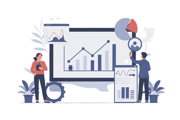 Data analysis illustration with people showing charts and graphs on a screen vector design for business presentation and infographics
