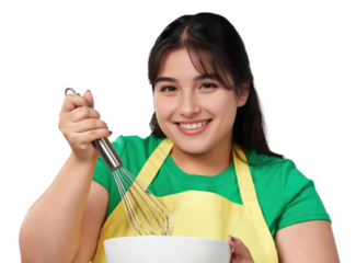 Cheerful young woman in a green shirt and yellow apron whisking batter in a bowl on a pure white background, studio lighting, cooking concept
