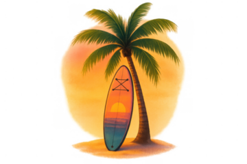 Tropical sunset paddleboard with palm tree on beach, creating a dream vacation and summer travel concept