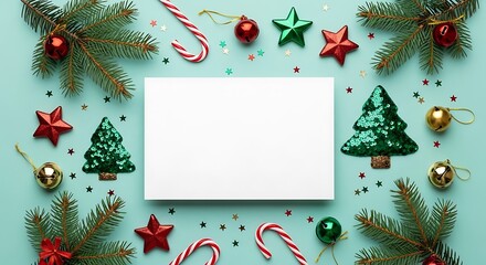 Festive Christmas Flat Lay with Blank Card, Decorations, and Teal Background.