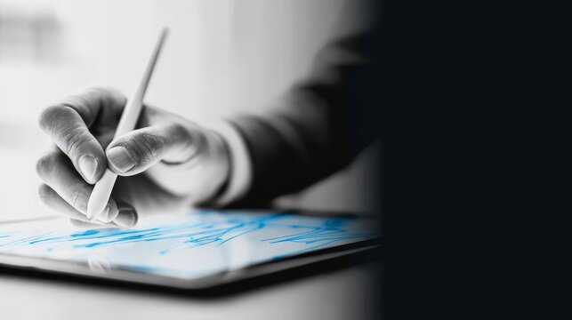 Focused professional digitally creating on tablet with stylus pen for enhanced productivity and innovative design workflow.