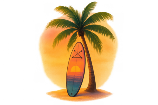Tropical sunset paddleboard with palm tree on beach, creating a dream vacation and summer travel concept