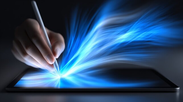 Professional person writing digital notes on tablet with stylus pen enhancing productivity creative work and learning.
