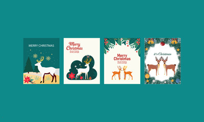 Set of four artistic Christmas cards featuring reindeer, snowflakes, and holiday foliage in whimsical styles, perfect for seasonal greetings and festive design projects.