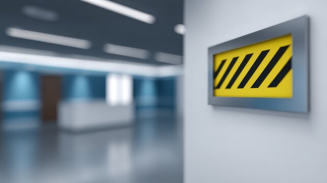 High visibility yellow and black warning sign affixed to textured interior wall surface.