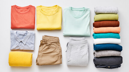 Vêtements pliés sur fond blanc, vue du dessus